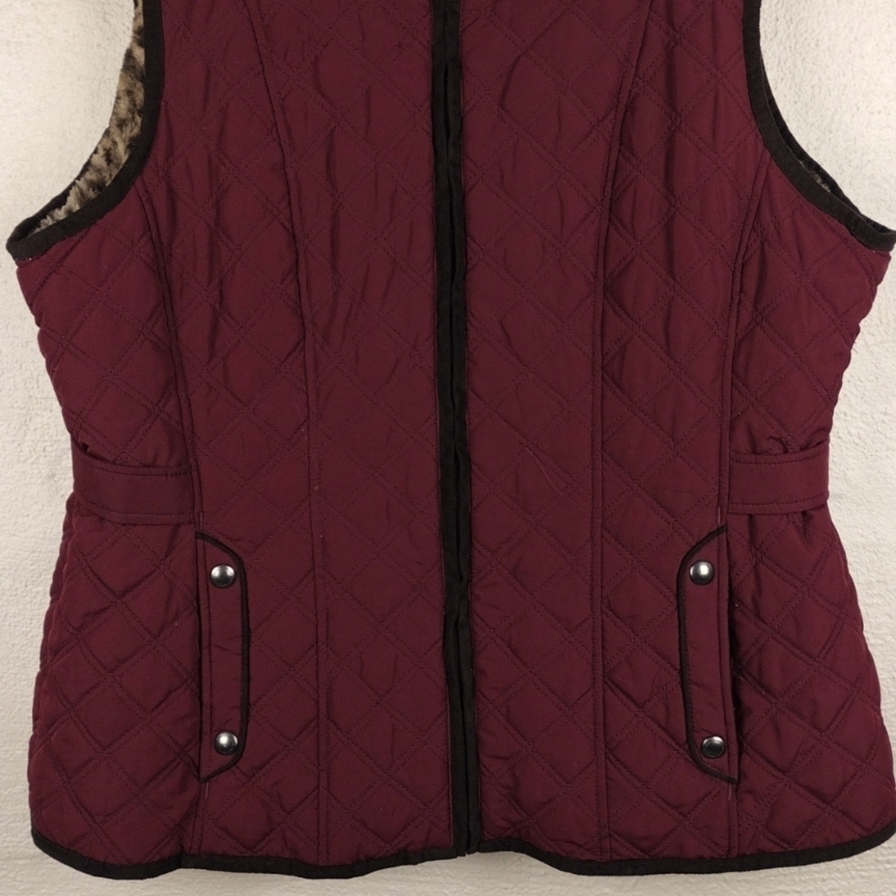 Weatherproof Burgundy Quilted Faux Fur High Collar Zip Up Outdoor Vest Jacket - Picture 3 of 16